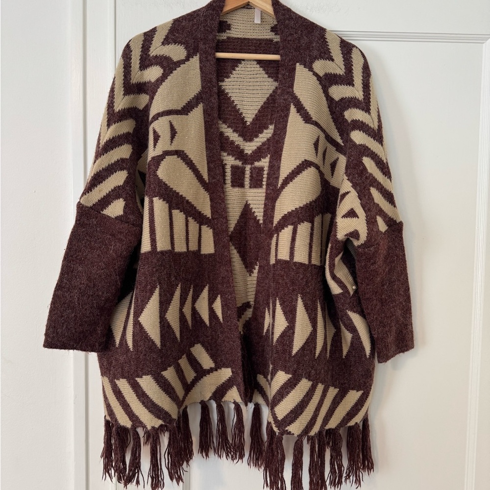 Pink Blush Geometric Fringe Cardigan - Burgundy and Cream